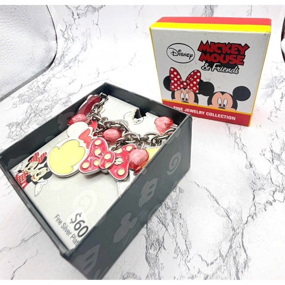 Disney Minnie Mickey Silver Plated Charm Bracelet Pink Yellow Hearts Boxed 6"